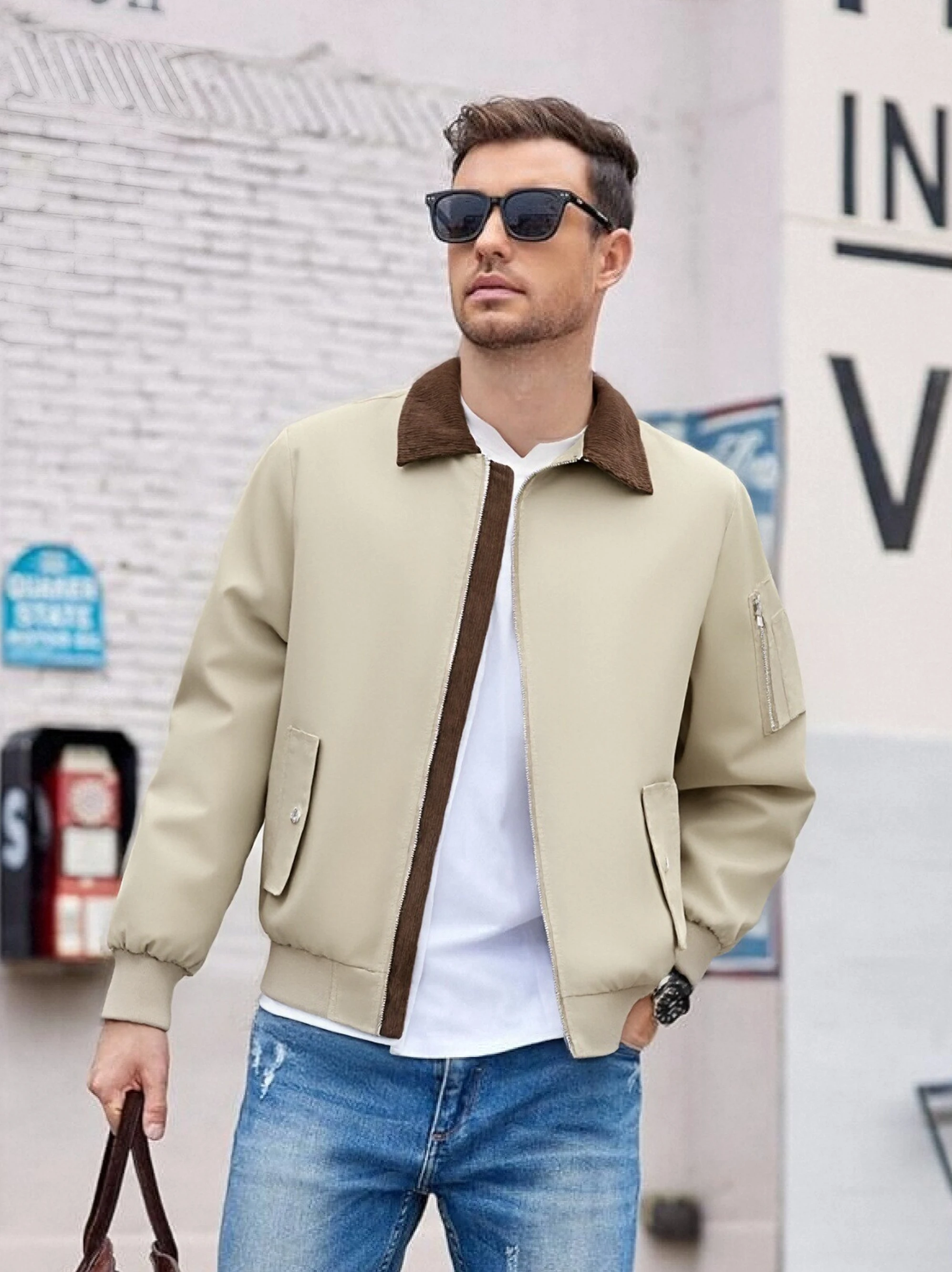 

Spring and Autumn Men's Lapel Workwear Flight Suit Color-Blocked Thin Jacket Suitable for Outdoor Sports and Casual Wear