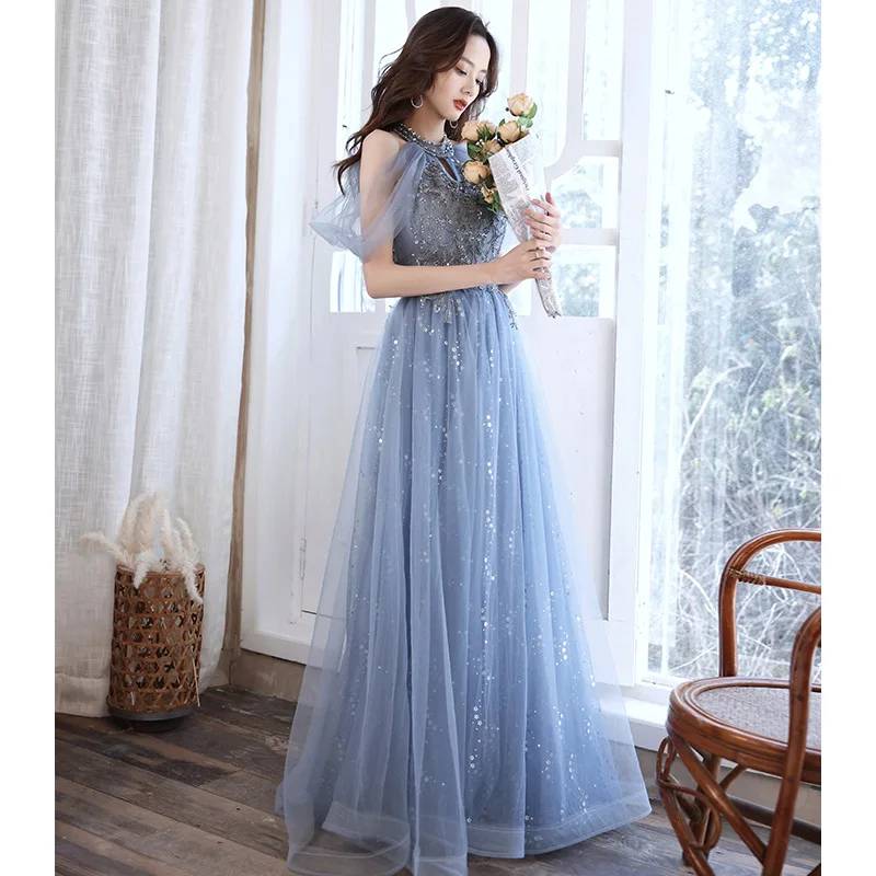 Blue Halter Cocktail Dress Women Beaded Hollow Sequins Prom Gown Elegant Classic Tulle Sleeveless A-line Evening Dresses