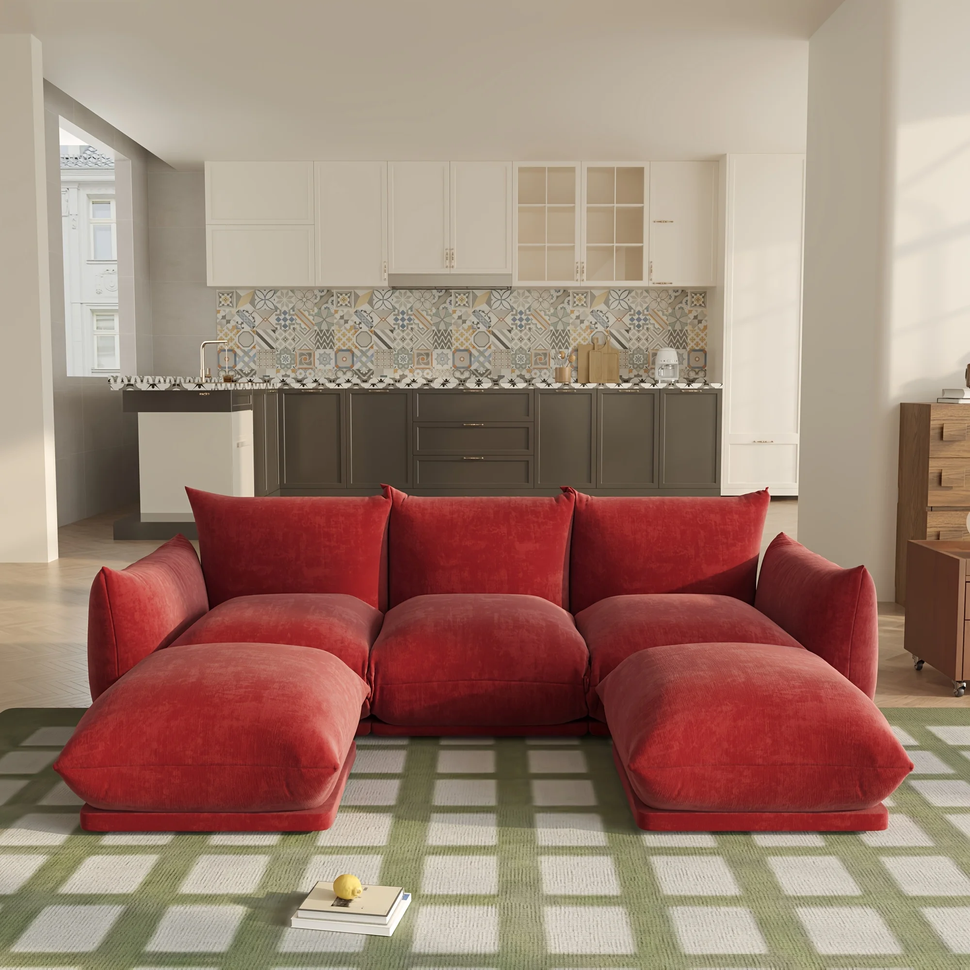 

U-образный секционный диван из шенилла, минималистичный модульный диван-кровать, 5-местный секционный диван с широким двусторонним оттоманкой-шезлонгом