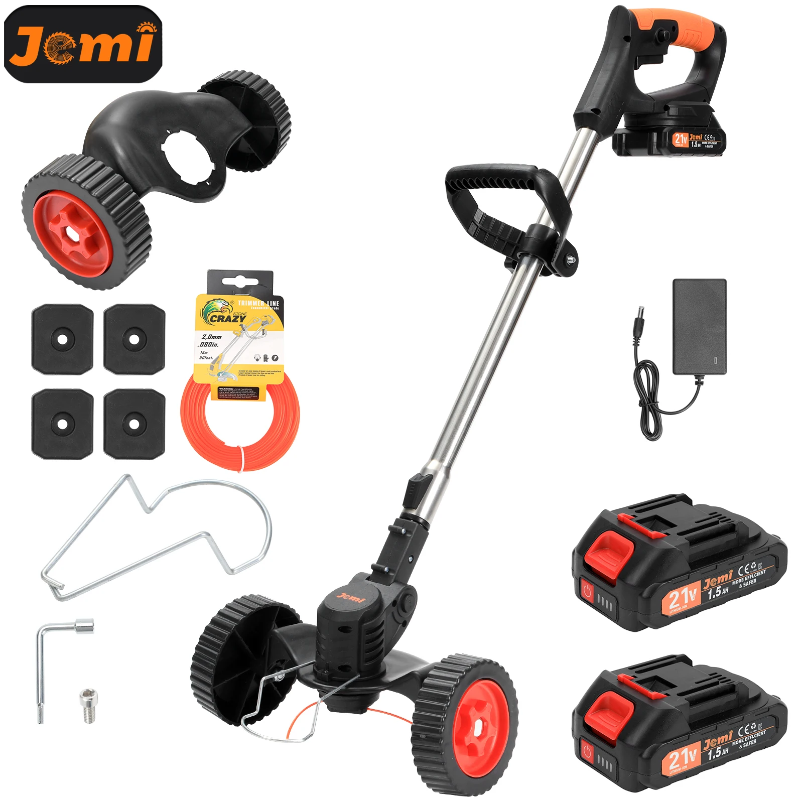 Jemi Tool 21V Akku-Rasenmäher, mit Hilfsrädern und 15 m Nylonseil zum Rasentrimmen, 90 °   Verstellbarer Kopf, geeignet für Rasenpflege und Gartenarbeit