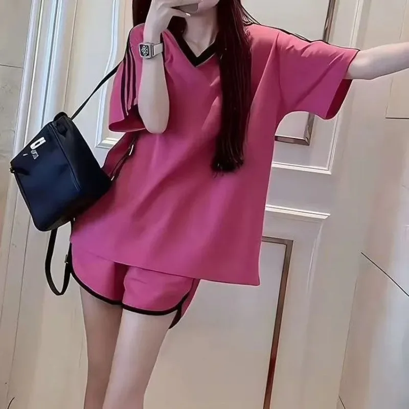

Women's Summer Casual V-Neck T Shirts Short Pants Two Piece Suits 2025 New Lady Run Clothing Outfits Tops Trousers Set Female