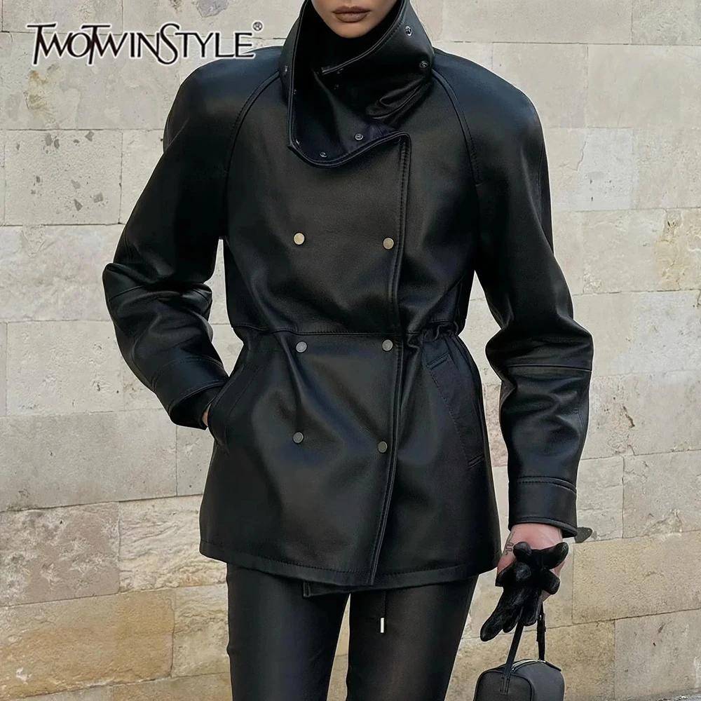 

TWOTWINSTYLE Black Slimming Leather Jacket for Women Lapel Long Sleeve Patchwork Double Breasted Fashionable Coat Female Autumn