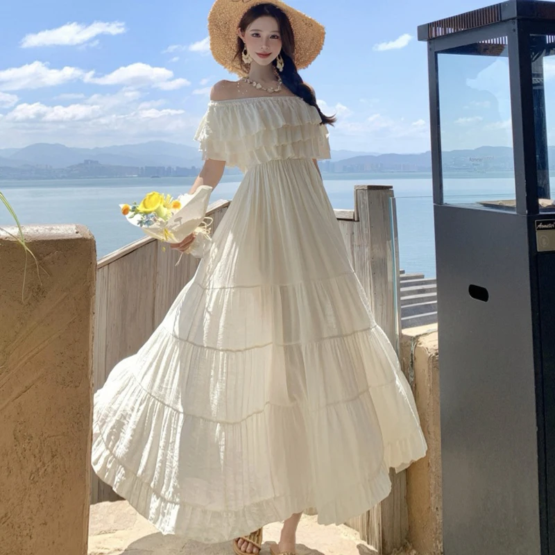 섹시한 러플 슬래시 넥 보헤미안 롱 드레스 여성 여름 우아한 오프숄더 하이웨이스트 휴가 비치 드레스 2025 신상