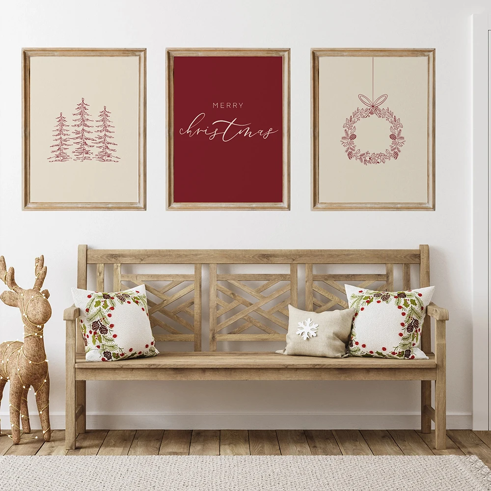 3PC Christmas Posters, Depicting Santa Claus and His Reindeer Walking Through A Snowy Wnter Forest, Creating A Festive Christma