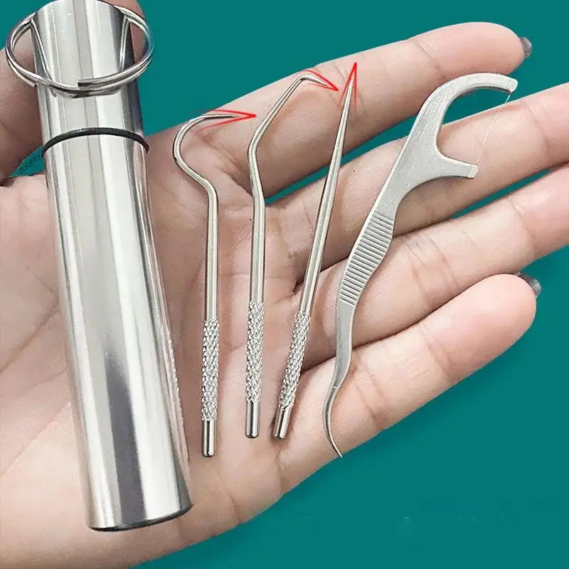 New#Stainless Steel Toothpick Set Tooth Flossing Reusable Toothpicks Portable Toothpick Floss Teeth Cleaner Oral Cleaning