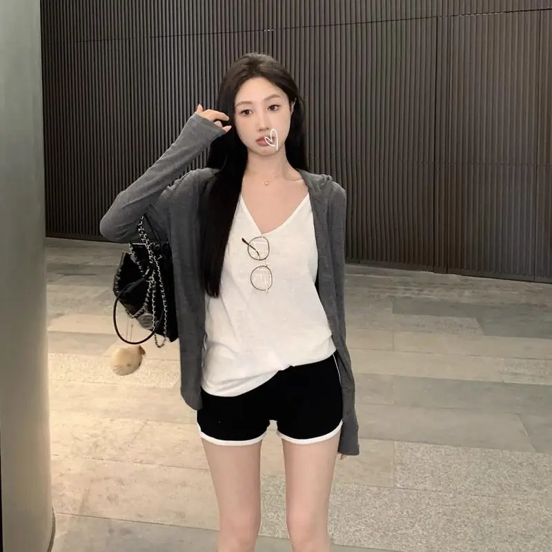 

Grey long-sleeved hooded knitted cardigan women's summer Korean version of air-conditioned sweater with a thin loose jacket