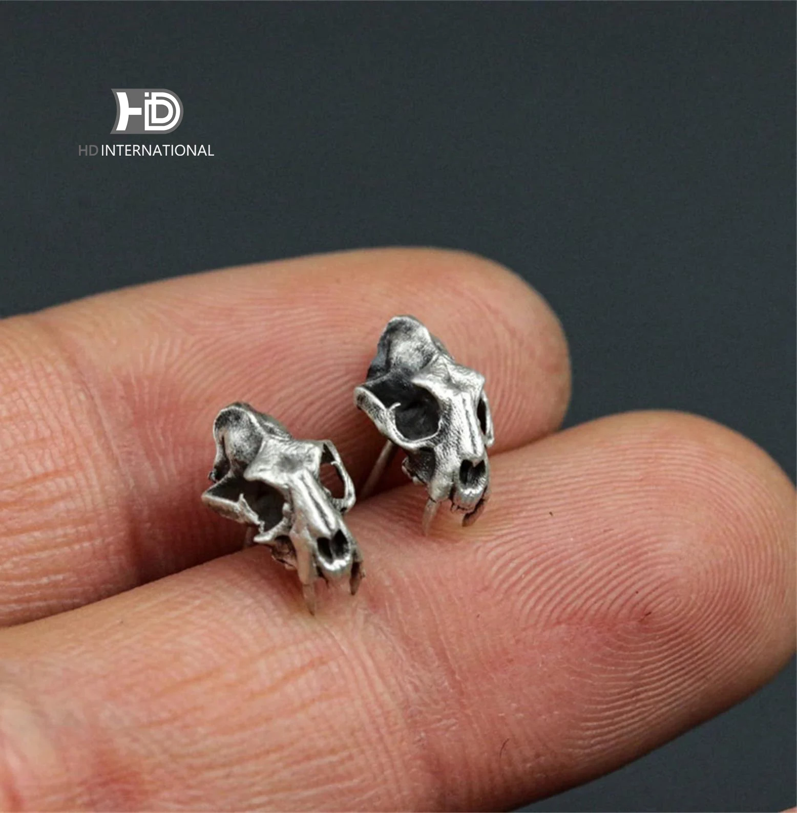 A pair Sabertooth tiger skull 925 silver earrings, animal skull silver earrings, tiger skull goth gift for men earrings