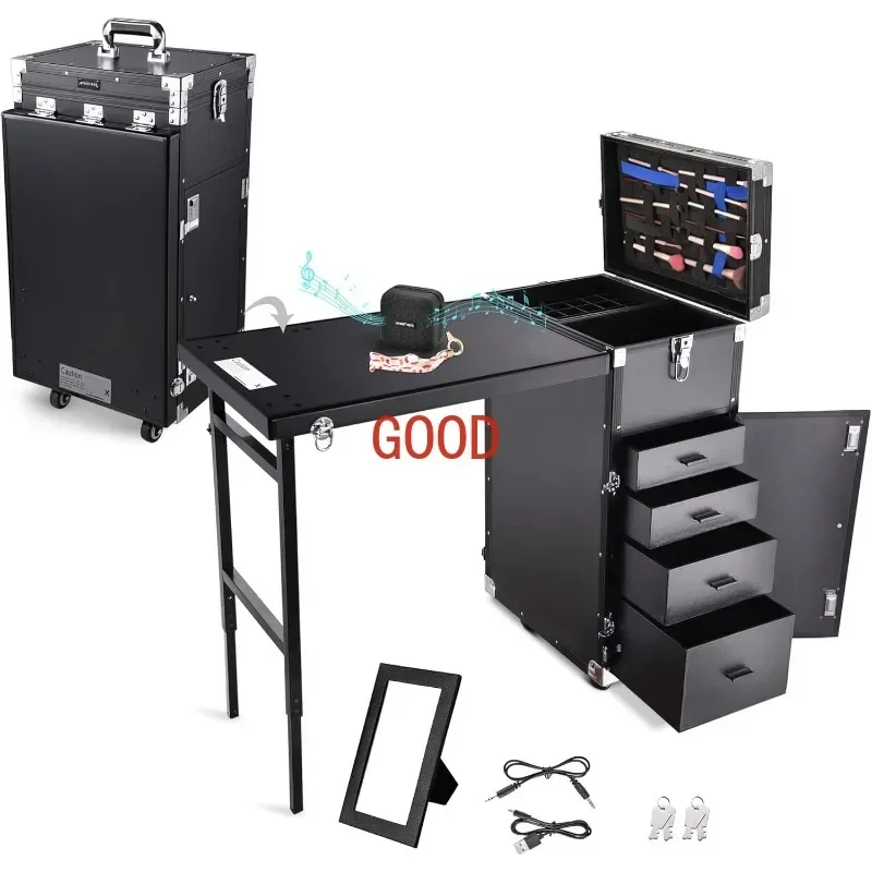 Rolling Manicure Table Foldable Nail Table Makeup Train Case with Desk Cosmetic Trolley Travel Storage Organizer with 4 Drawers