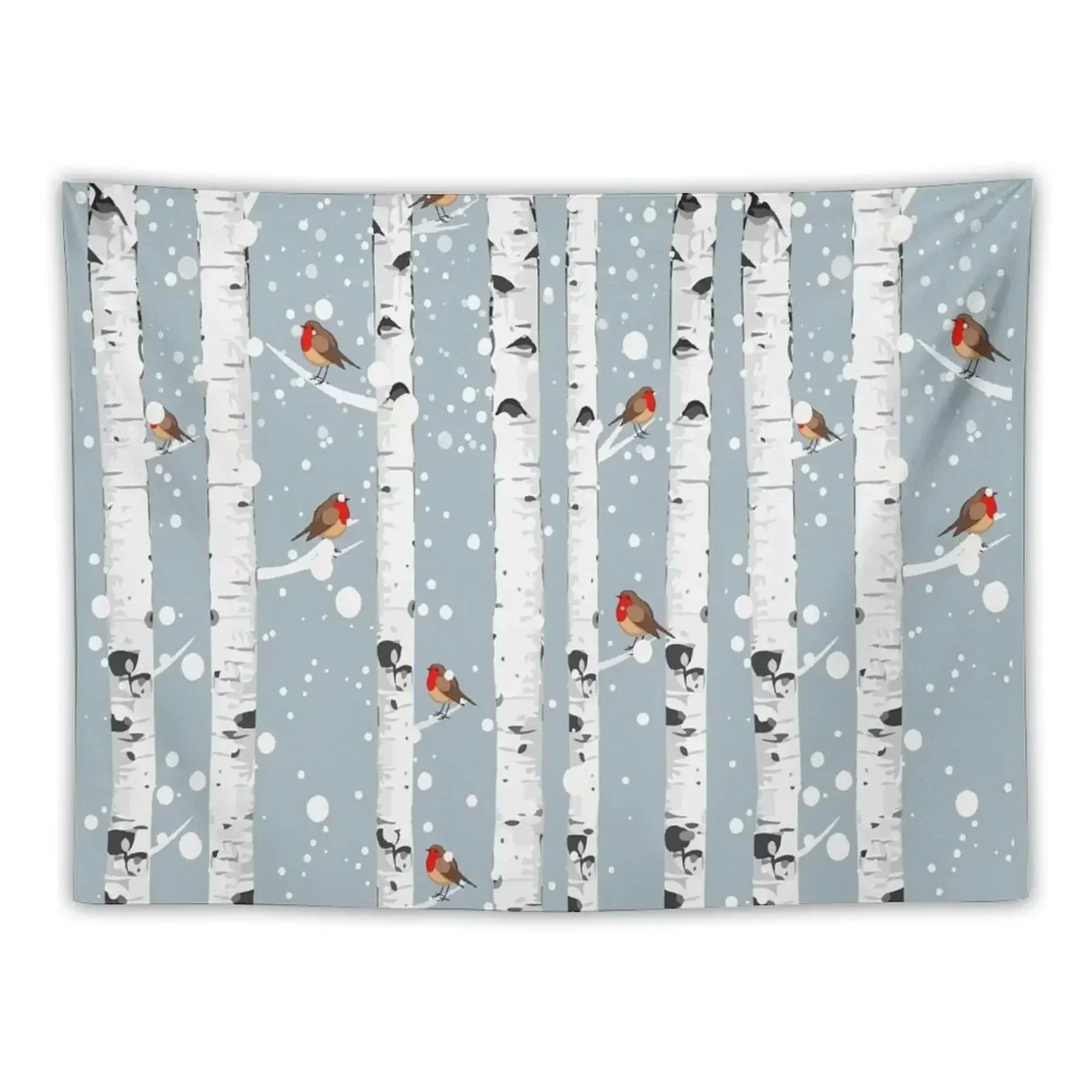 

Birch trees forest and robin bird, this is redbreast in winter forest, perfect for natura lovers Tapestry