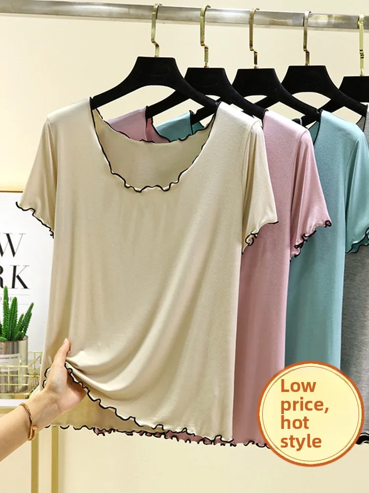 

Modal Thin ort Sve T-irt Women Summer Loose Large Size Casual round Ne Pure Color Versatile Base Layer irt