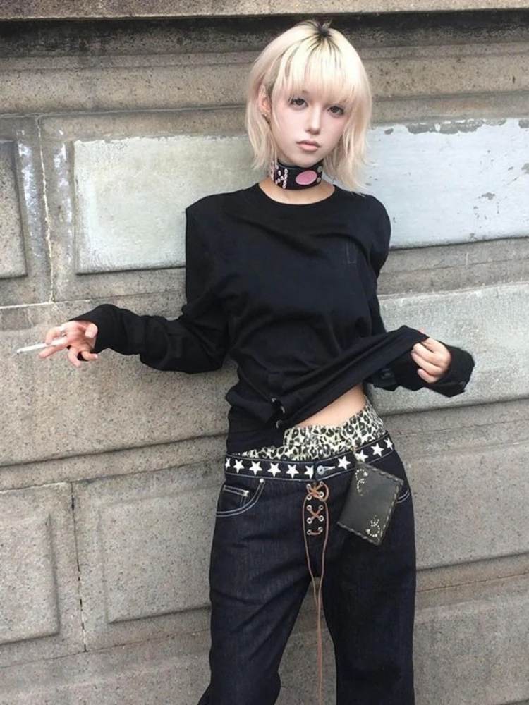 Harajuku Punk Gothic Subculture Long Sleeve Shirt Women Black Fake Two Pieces Spice Girls Close-fitting Fashion 2026 Outfits