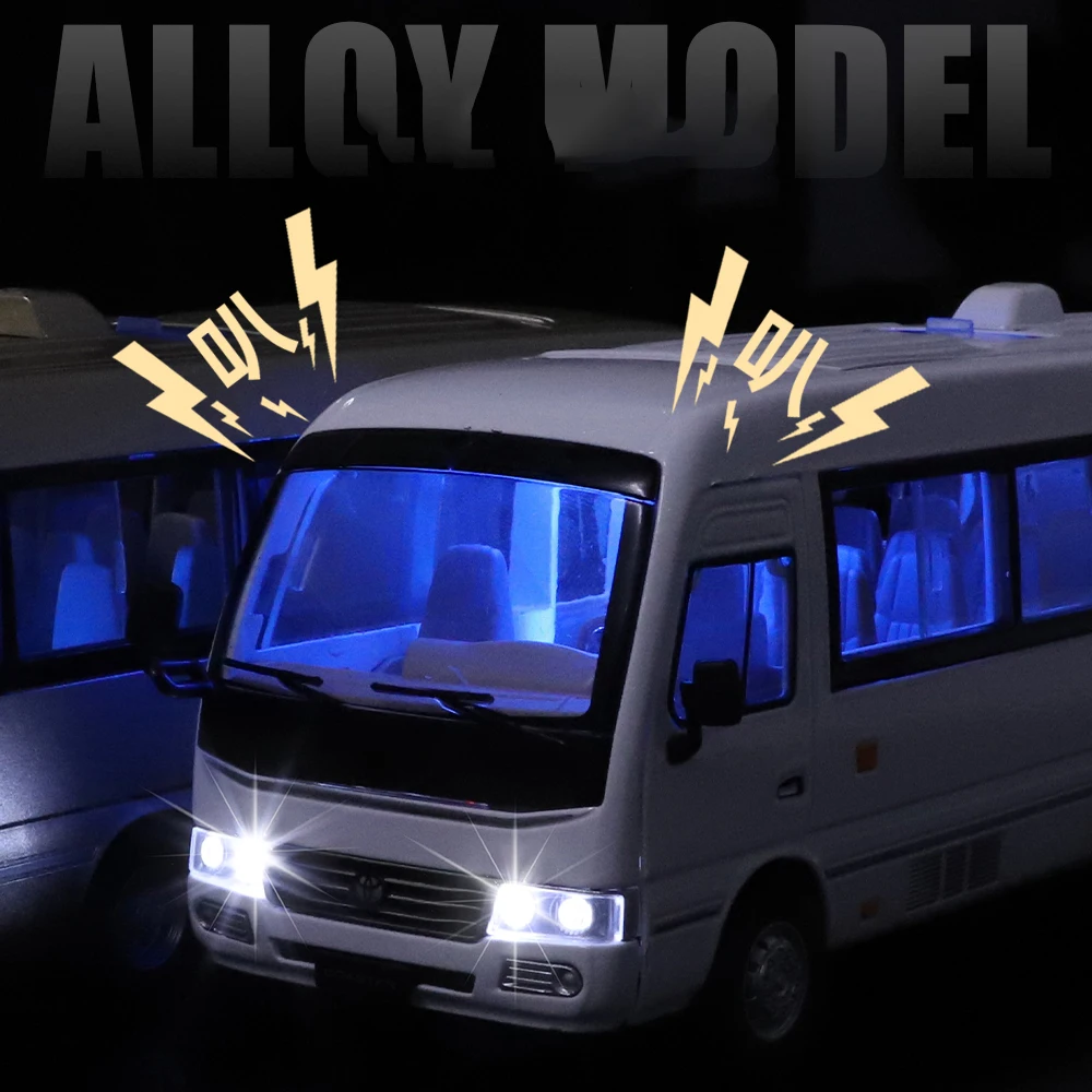 1:24 Toyota Coaster BUS Alloy Passenger Commercial Car Diecast Metal High End Model Sound Light Pull Back Christmas Kid Gift Dec