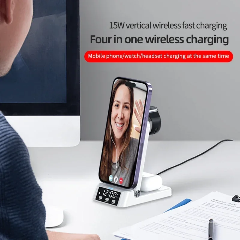 HaaYot réveil chargeur sans fil support pliant charge rapide pour iPhone 16 15 14 13 Samsung S25 Z Flip 6 iwatch série