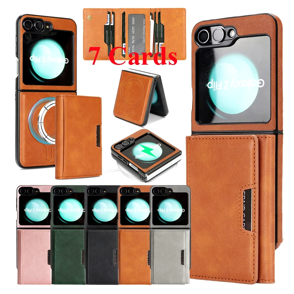 2 In 1 Leather Magnetic Case For Samsung Galaxy Z Flip 8 7 6 5 4 3 Kickstand 7 Cards Slots Holder Wireless Charging Phone Cover
