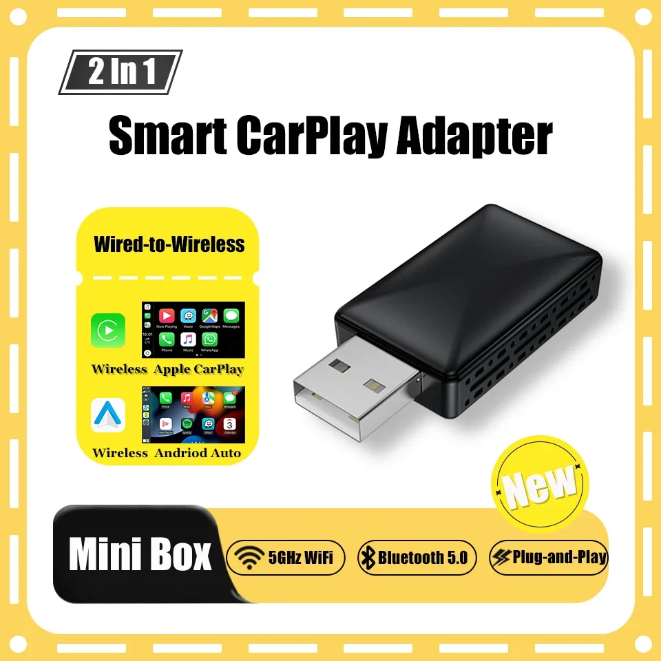 New Mini Box Wireless CarPlay Adapter for Apple CarPlay and Android Auto 2In1 Smart Navigation Box 5G Wifi Universal Plug & Play