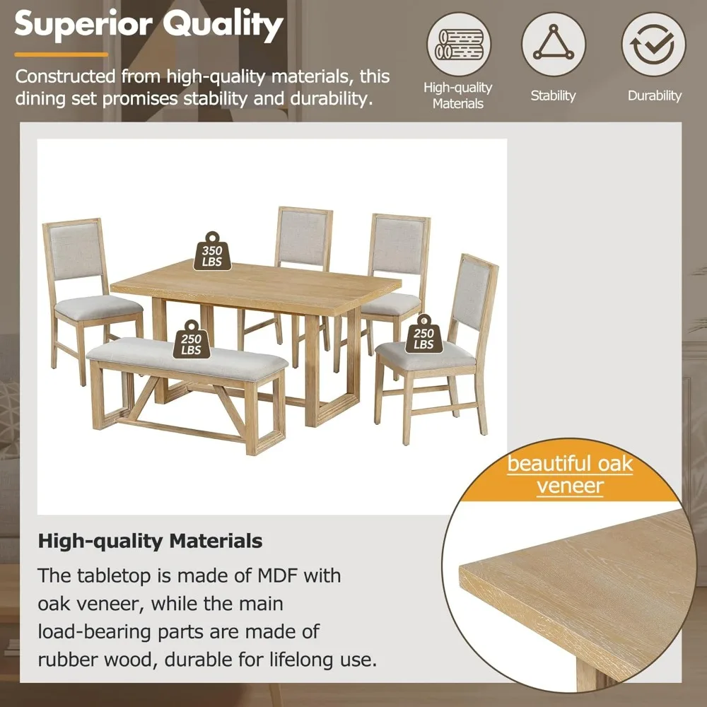 6 Piece Dining Table Set, Farmhouse Kitchen Table Set with 1 Rectangular Table with Design Trestle Base, 4 Upholstered Chairs image 6