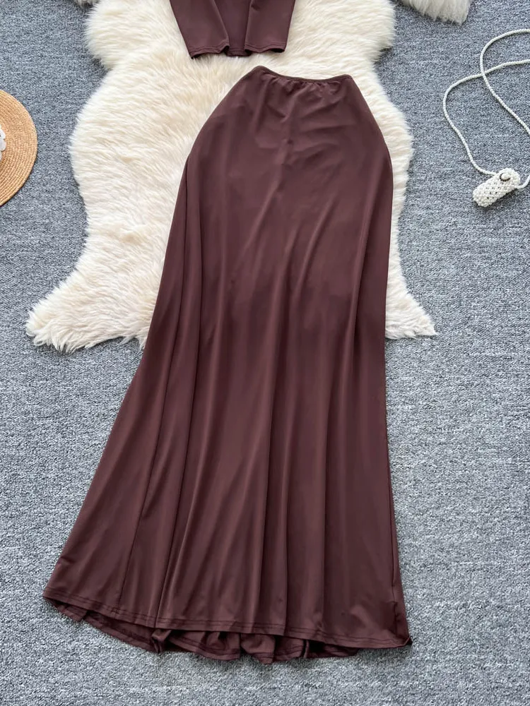 

Ele mat, комплект из длинного жилета и юбки с высокой талией для женщин, летний модный комплект для похудения, повседневный комплект...