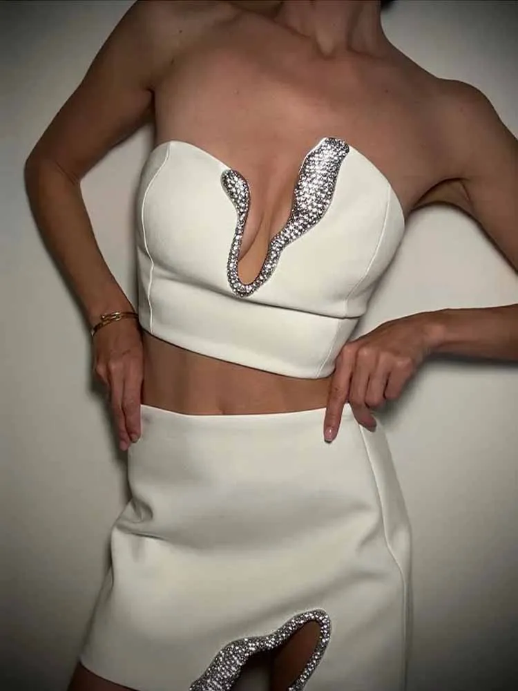 

MCDV Sexy Rhinestone Vest Mini Skirt Sets Women Asymmetric Strapless Hollow Out Crop Tops Slim Skirt Lady Elegant Party Outfits