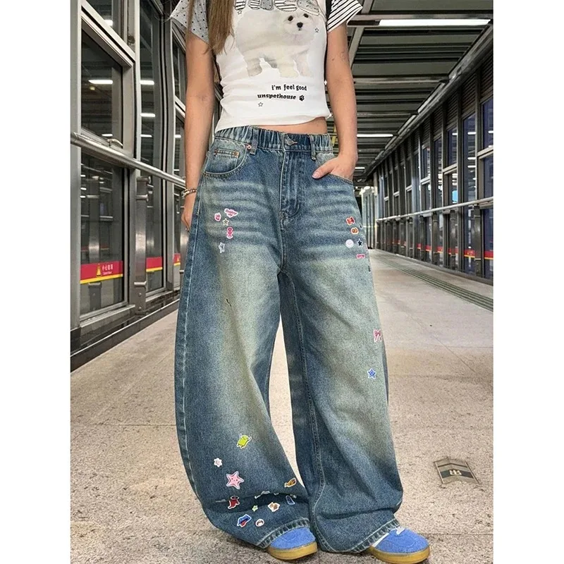 Damskie jeansy z graffiti w stylu kreskówkowym Harajuku, japońskie, styl Y2k z lat 2000, luźne spodnie jeansowe, vintage, oversize, letnie spodnie jeansowe, odzież