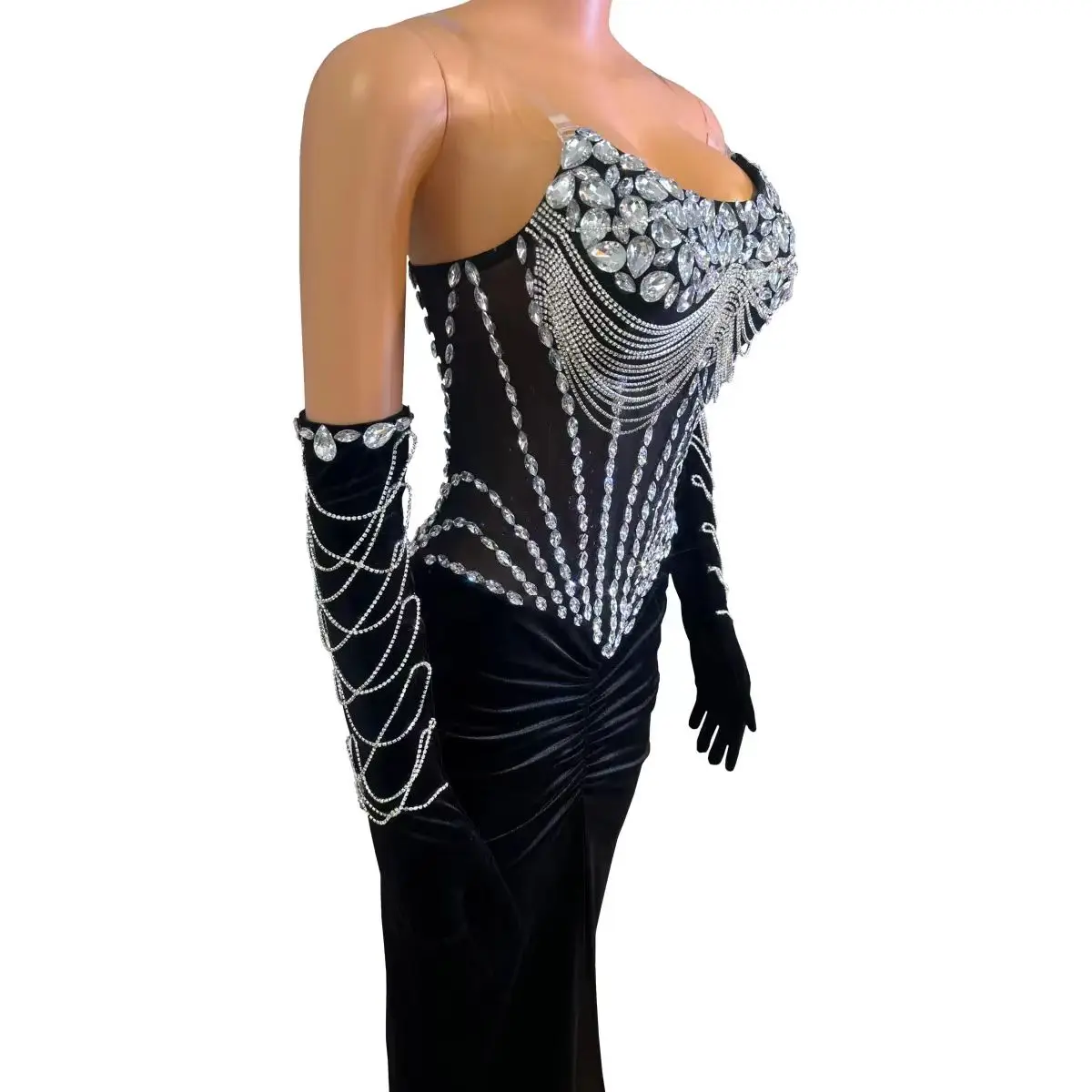 Full Diamond Sexy Front Split Long Skirt Nightclub Bar DJ Female Singer Dance Team Stage Clothing Party Theme Show Costume