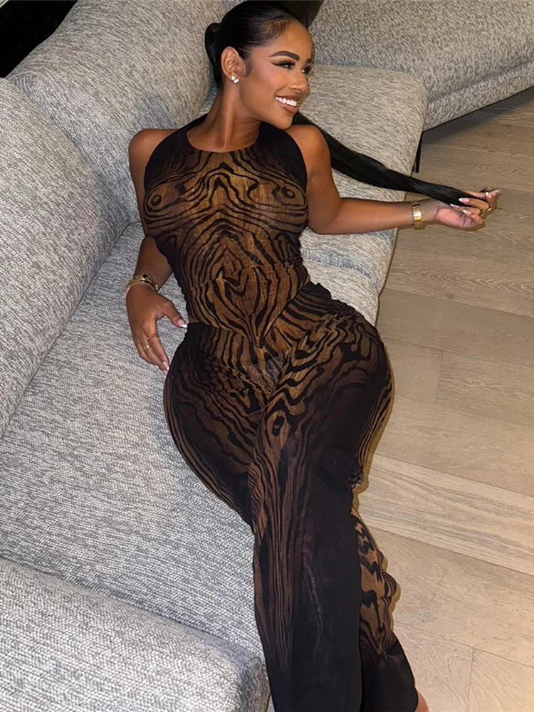 

Weird Puss stripe Print Women 2 Piece Set coquette See Through Hipster Full Sleeve Crop Tops+Straight Pants Matching Clubwear