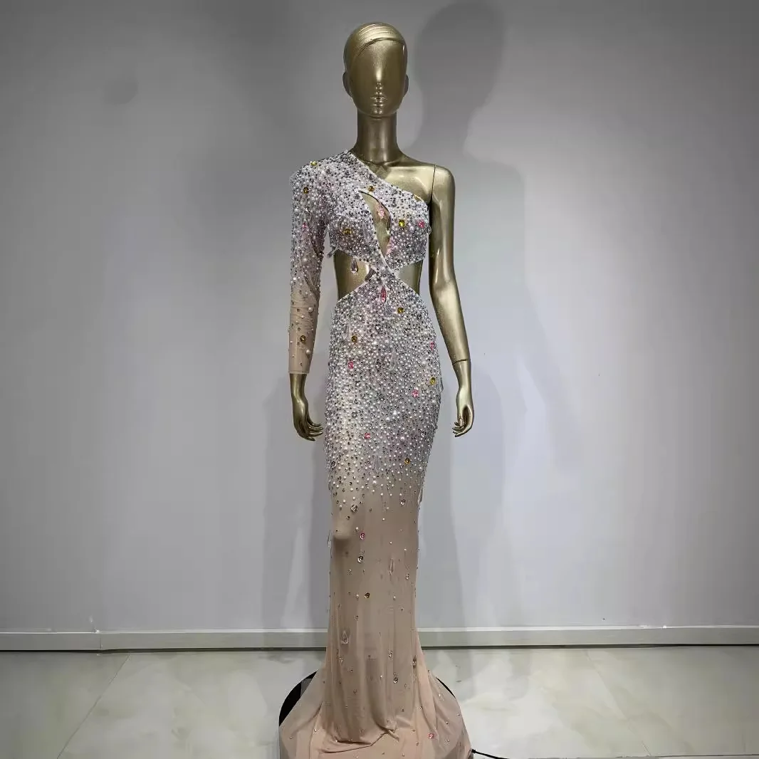 

Rhinestone Shoulder Dress Tight Waist Stage Outfit Party Evening Gown Performance Clubwear Women Dresses For Party And Wedding