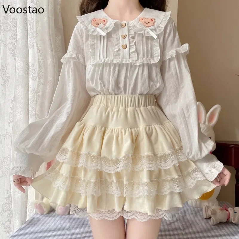 Lolita Blouse Japanese Women Sweet Little Bear Embroidery Peter Pan Collar Long Bunny Ears Cotton Shirt Sweet Cute Blusas Mujer