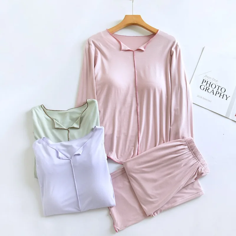 Maternity Nursing Pajama Set for Women Modal Loungewear with Built-in Bra Soft V-Neck Sleepwear 2 Piece Comfortable Home Suit 4