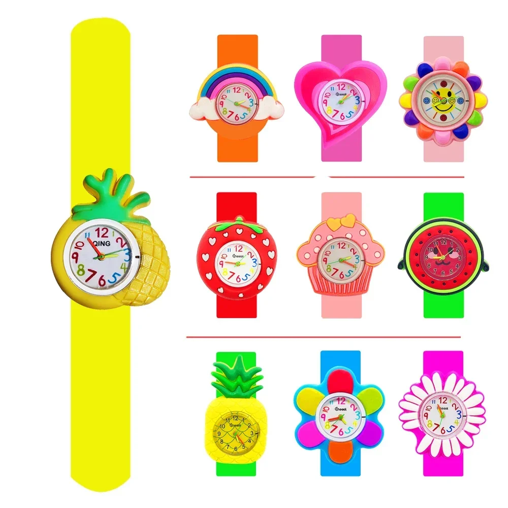 Montre à claquer en silicone pour enfants, fruit de dessin animé, fleur, horloge pour fille et garçon, bracelet inoffensif, respectueux de l'environnement mental