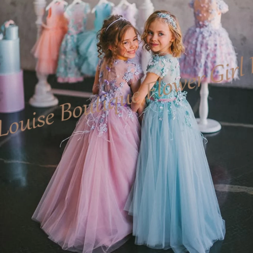 فستان الأميرة مزين بالدانتيل لفتاة الزهور من التل على شكل حرف a بطول الأرض للفتيات لحفلات الزفاف وحفلات أعياد الميلاد الأولى