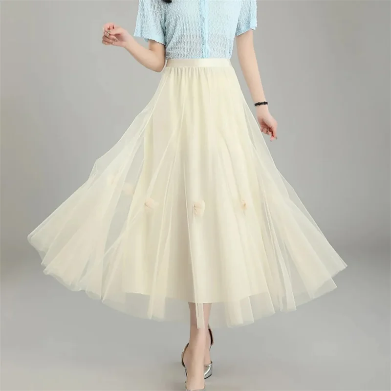 한국 여성용 단색 메쉬 빅 스윙 스커트 여성용 신상 하이웨이스트 롱 스커트 봄 여름 여성 패션 레저 맥시 스커트