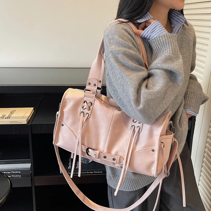 1pcs Matte Soft PU Large Tote Bag 2026 Spring Fashion Handbag Rivet Lace Up Design Detachable Strap For Women Daily Commute