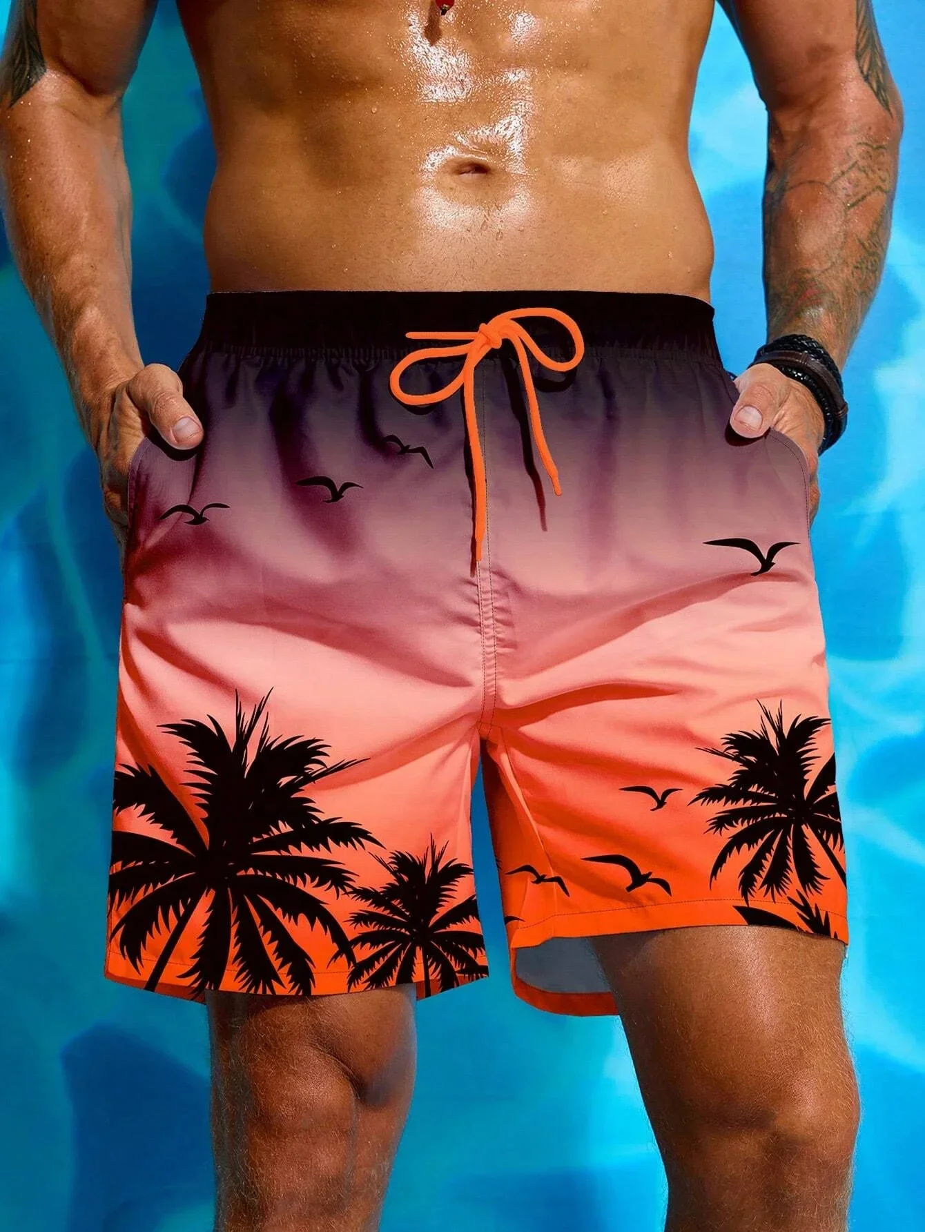 Palm Tree Stereo Print Pattern Men\'s Athletic Shorts Beach Vacation Men\'s Swim Shorts Vacation Hawaii Beach Men\'s Shorts S-2XL