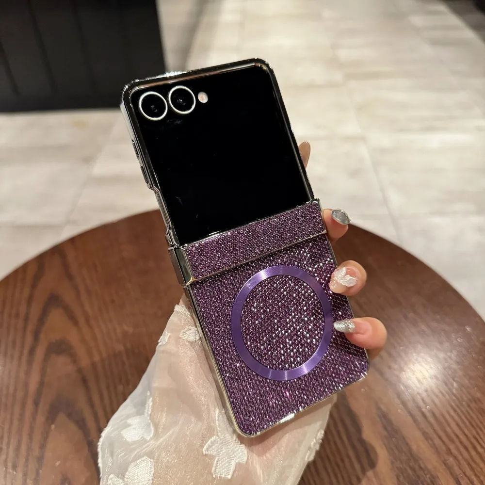 Luxury PC Electroplating Bling Magnetic Phone Case for Samsung Galaxy Z Flip 8 7 6 5 4 3 Good Texture Shockproof Slim Fit Cover