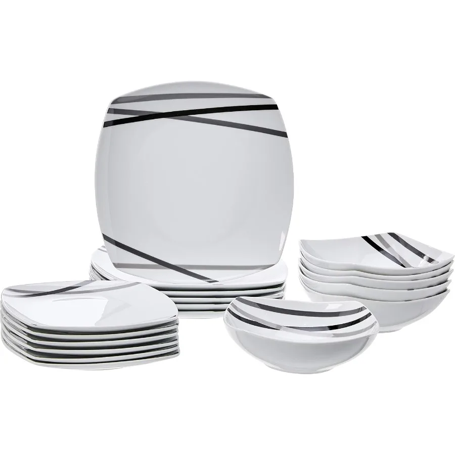 

18 Piece Kitchen Dinnerware Set with Square Plates and Bowls for Service of 6 Modern Beams Design Perfect for Everyday Dining C