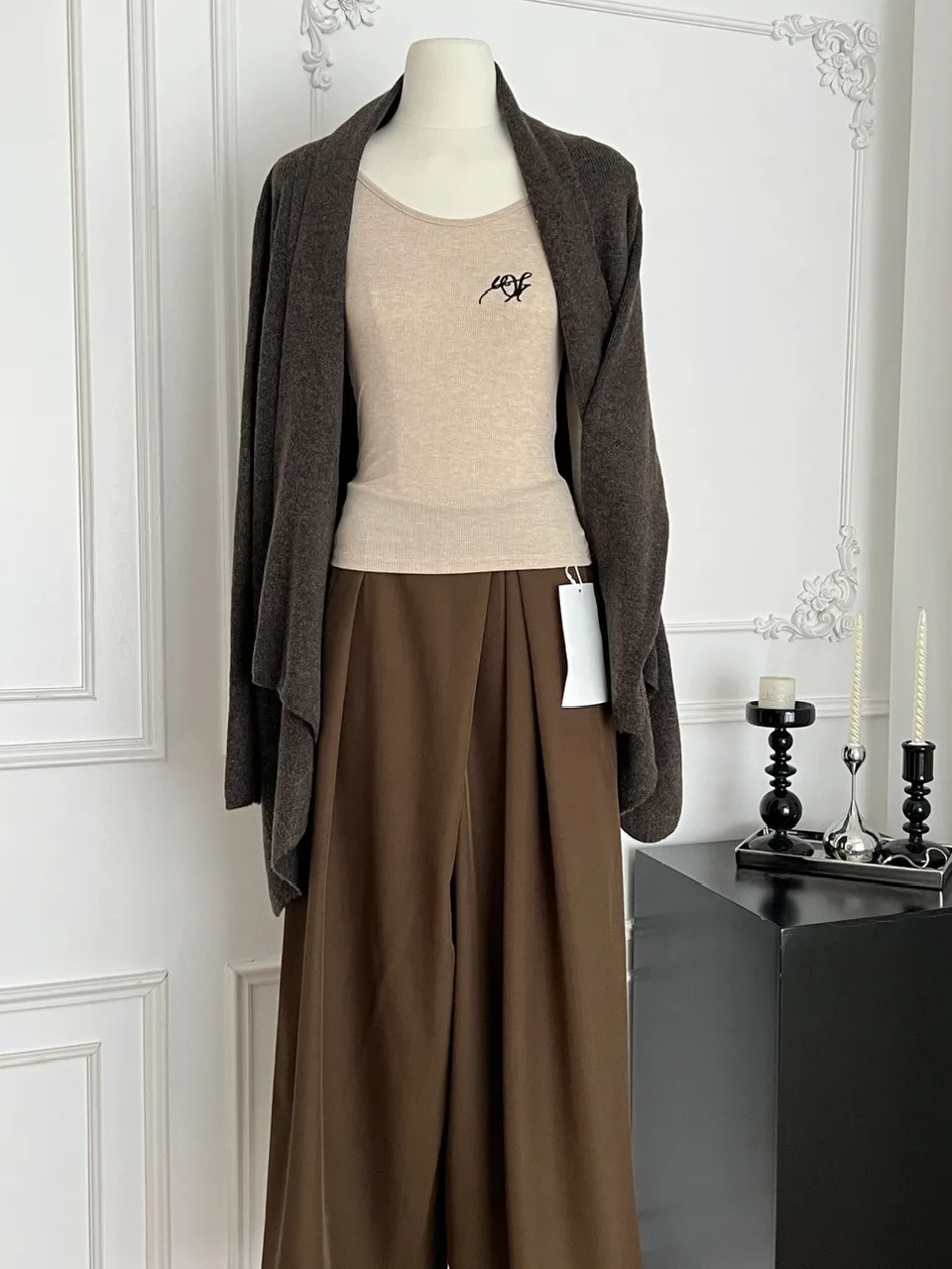 

Loose Long Sve T-irt Women's High Waist Wide Leg Pants V-Ne Mid-Length Korean Sle Faion Set Tee-Piece Autumn Wear