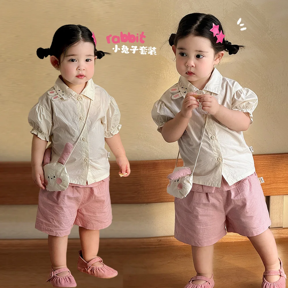 2026 New Baby Girls Sets Summer 2PCS Outfit Cute Bunny Print Top Shorts Cotton Casual Toddler Wear With Free Accessories 0-4Y