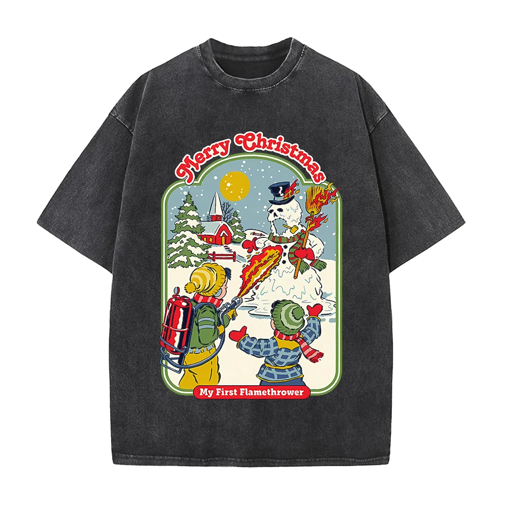 Harajuku Merry Chrlstmas T-shirt Dark Comics Printed Vintage Washed T Shirt Men Clothing Summer Pure Cotton Tees Tops Clothes