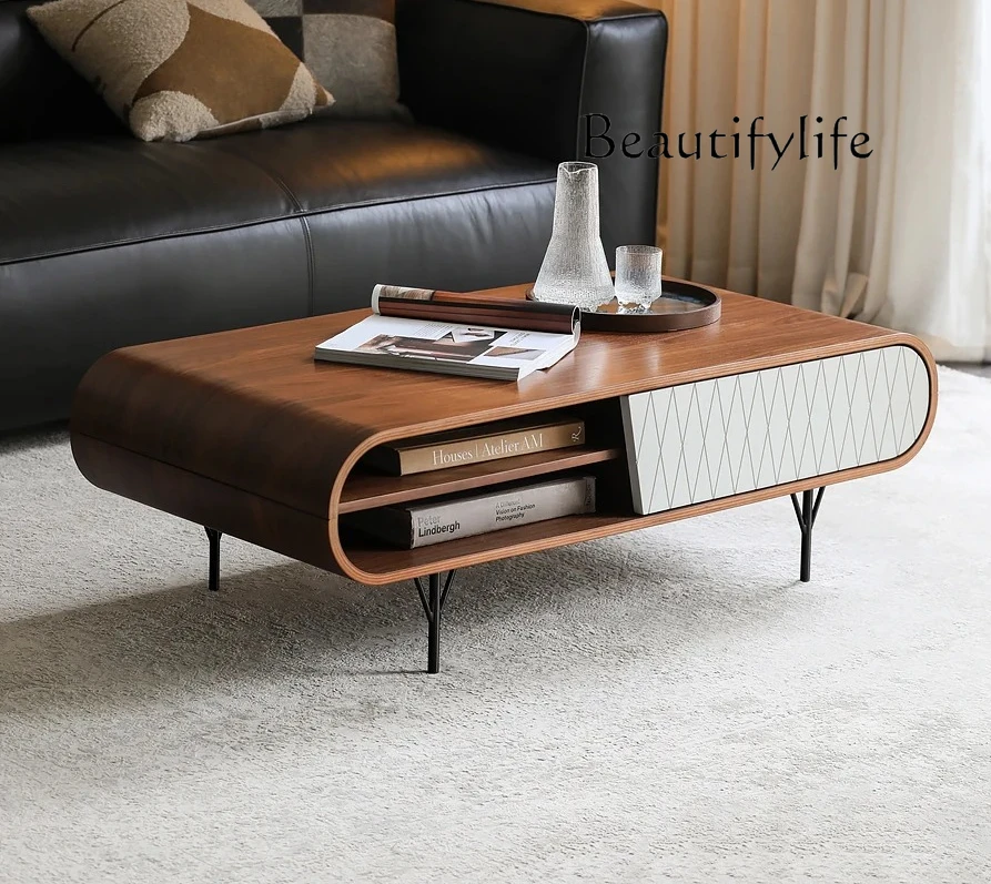 

Nordic retro style solid wood small apartment household black walnut coffee table storage with drawers tea table