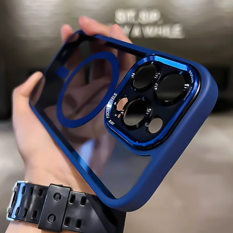 Прозрачный металлический чехол-бампер для камеры для iPhone 16 Pro Max 15, 16 Plus, 11, 13, 14, 15 Pro Max, магнитный прозрачный чехол для телефона Magsafe