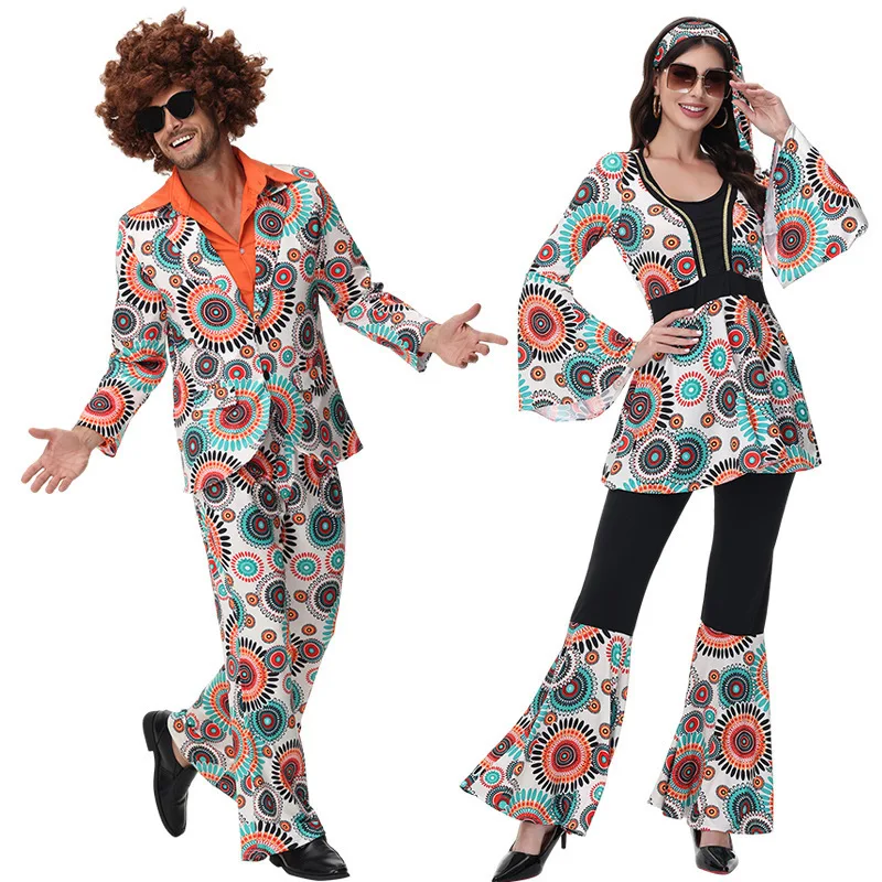 

Carnival prints retro hippie couple costumes 70s retro retro disco stage costumes Halloween party cosplay costumes