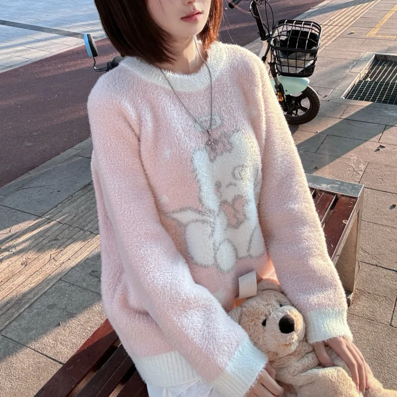 Cutecore Anime Cat Graphic Pullovers Imitation Mink Fur Pink Sweater Women Kawaii Oversize Knitted Sweater Top Lolita Girls Y2k