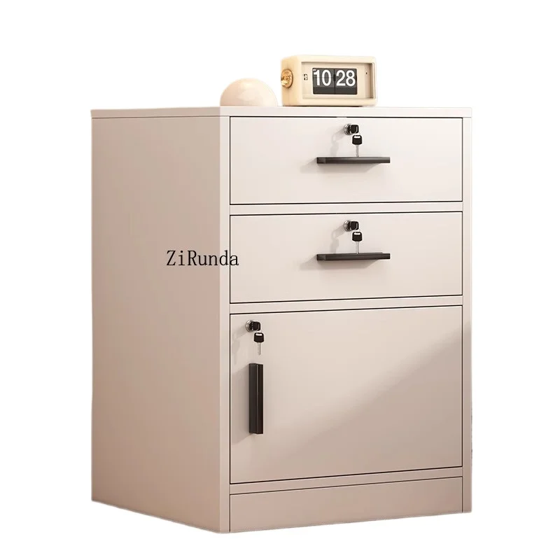 Two drawers, with handle, with key lock, recessed base, modern minimalist bedroom storage furniture