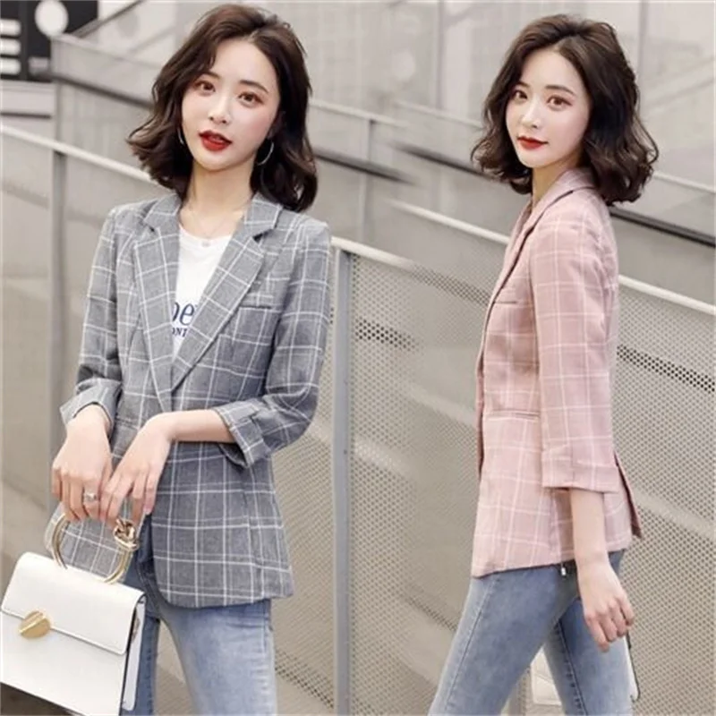 Women Blazer Plaid Coat 2024 New Summer Notched Collar Business Suits Work Office Ladies Suit Jacket Casual Vintage Blazers 4XL