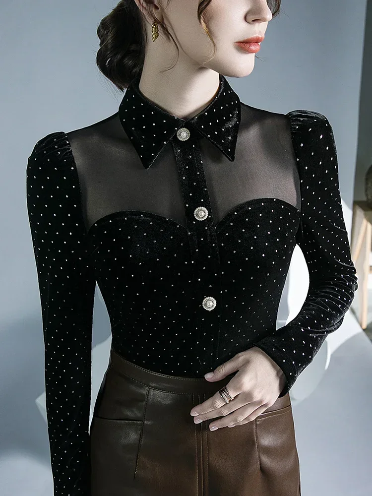 Black Vintage Doll Collar Polka Dot Gold Velvet Top Women's Autumn and Winter Gauze Splicing Perspective Sexy T-shirt