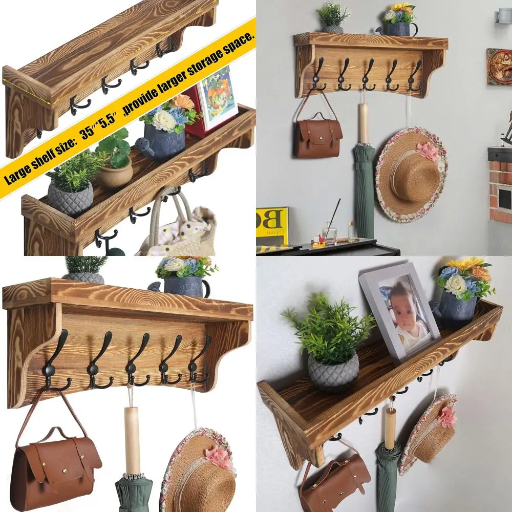 

24 Rustic Brown Wall-Mounted Coat Rack with Shelf and Triple Hooks for Entryway & Bathroom