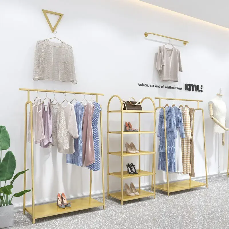 High-endGold Simple Clothing Rack Clothing Store Display Rack Floor-to-ceiling Women's Clothing Store Shelf Wrought Iron ShelfLC
