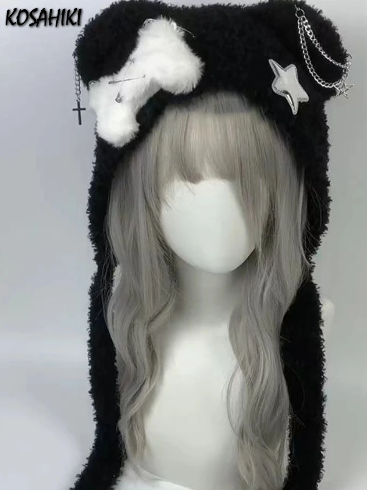 Women’s Gothic Harajuku Punk Lolita Y2K Spicy Girls Bear Ears Hat Cute Bone Cross Star Wings Patchwork Japanese Kawaii Hats