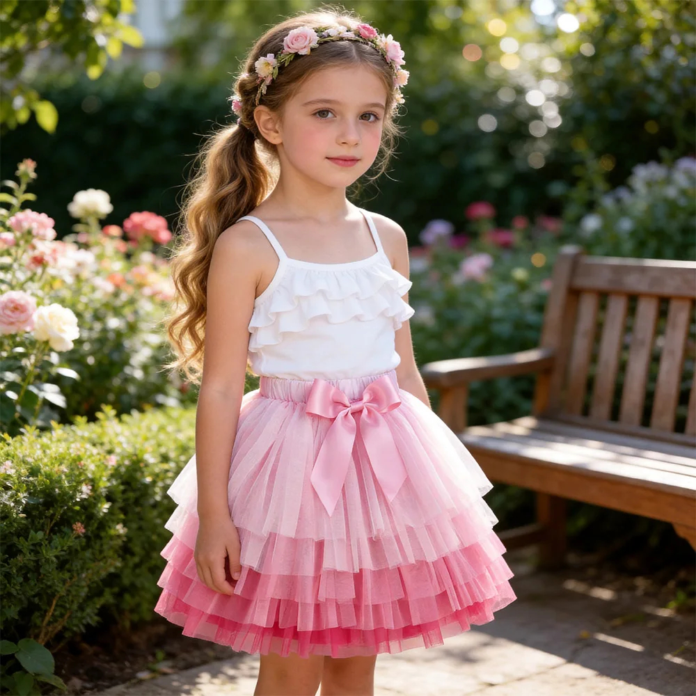 VIKITA Mädchen-Tutu-Rock aus rosa Ombre-Tüll mit Schleifenknoten, für Kinder, Prinzessin, Ballett, Prinzessin, Party, Tanz, lässig, elegant – Detail 4