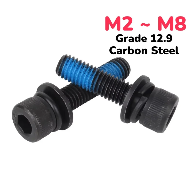 M2 ~ M8 Grade 12.9 High-strength Black Hexagon Allen Hex Socket Cup Anti-loosening Screw Bolts Three Combination